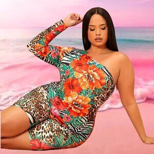 Floral and Animal Print one Shoulder Shorts Unitard SZ 2X